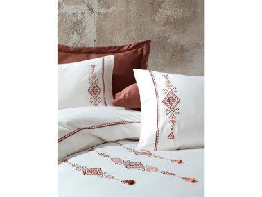 Tilbe Embroidered Tasseled Cotton Satin Duvet Cover Set Cream - Thumbnail