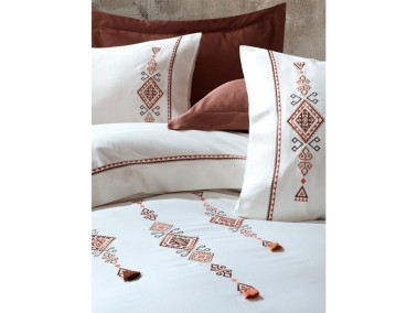 Tilbe Embroidered Tasseled Cotton Satin Duvet Cover Set Cream - Thumbnail