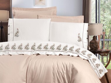 Tina Embroidered Duvet Cover Set Beige - Thumbnail