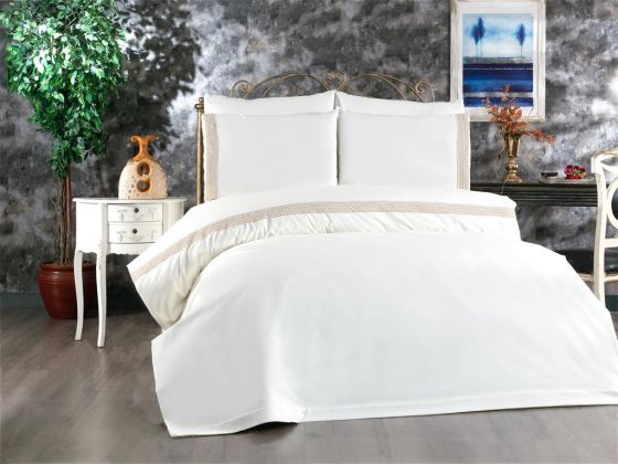 Tomira Bedding Set 6 Pcs, Duvet Cover, Bed Sheet, Pillowcase, Double Size, Self Patterned, Wedding, Cream Beige