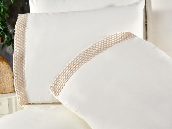 Tomira Bedding Set 6 Pcs, Duvet Cover, Bed Sheet, Pillowcase, Double Size, Self Patterned, Wedding, Cream Beige