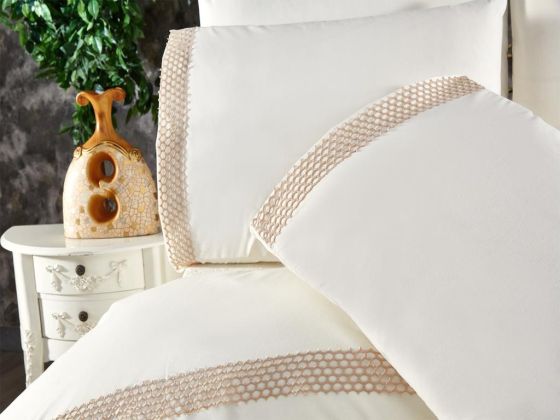 Tomira Bedding Set 6 Pcs, Duvet Cover, Bed Sheet, Pillowcase, Double Size, Self Patterned, Wedding, Cream Beige