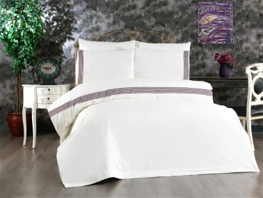 Tomira Bedding Set 6 Pcs, Duvet Cover, Bed Sheet, Pillowcase, Double Size, Self Patterned, Wedding, Cream Plum - Thumbnail