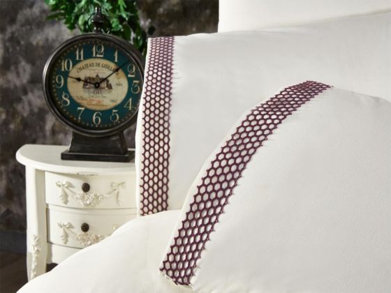 Tomira Bedding Set 6 Pcs, Duvet Cover, Bed Sheet, Pillowcase, Double Size, Self Patterned, Wedding, Cream Plum