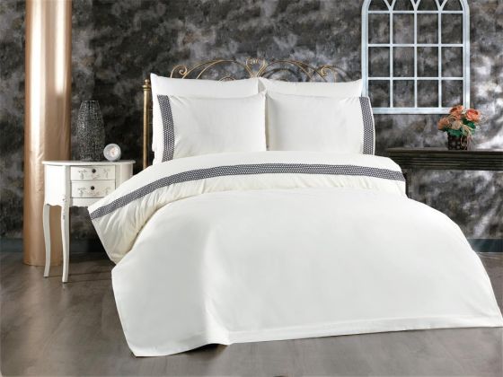 Tomira Bedding Set 6 Pcs, Duvet Cover, Bed Sheet, Pillowcase, Double Size, Self Patterned, Wedding, Daily use Cream Anthracite