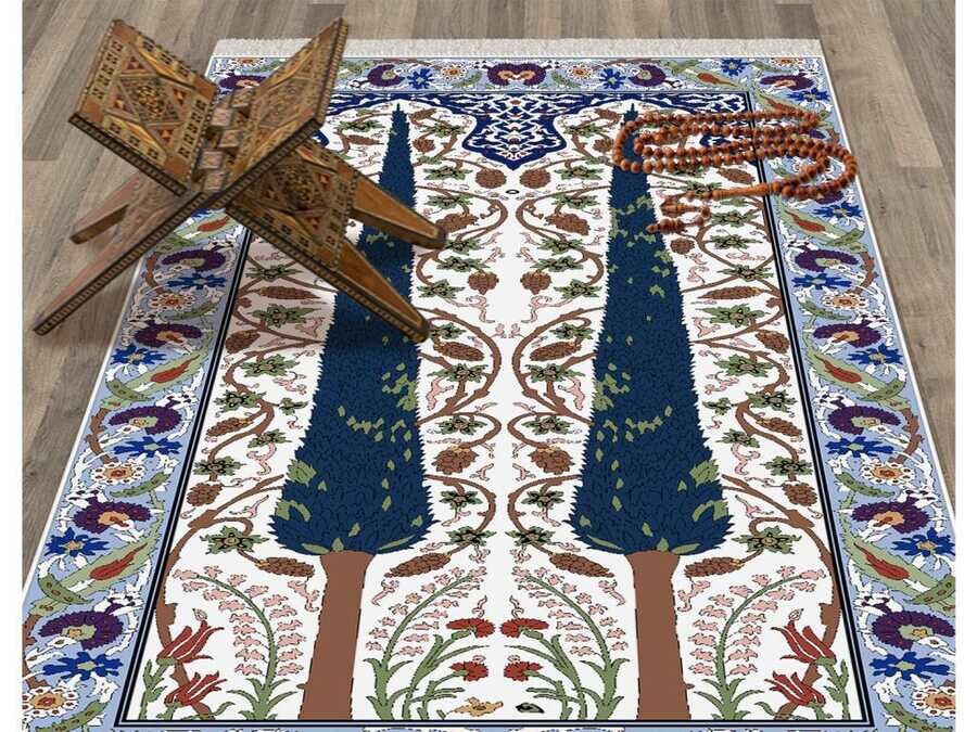 Bud Velvet Prayer Rug Blue - Thumbnail