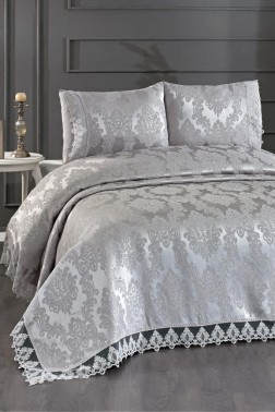 Topkapi Chenille Bedspread Set, Coverlet 235x250 with Pillowcase, Jacquard Fabric, Full Size, Double Size Gray - Thumbnail