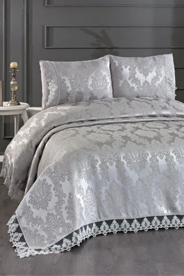 Topkapi Chenille Bedspread Set, Coverlet 235x250 with Pillowcase, Jacquard Fabric, Full Size, Double Size Gray