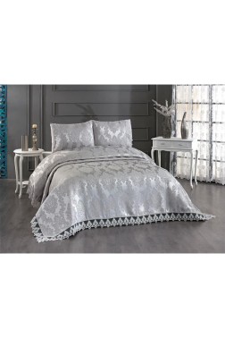 Topkapi Chenille Bedspread Set, Coverlet 235x250 with Pillowcase, Jacquard Fabric, Full Size, Double Size Gray - Thumbnail