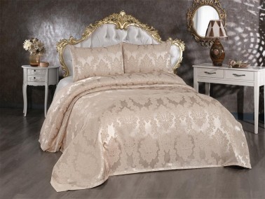 Toprak Jacquard Chenille Bedspread Beige - Thumbnail