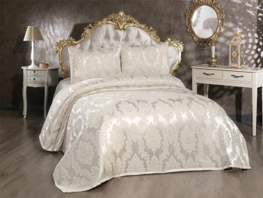 Toprak Jacquard Chenille Bedspread Cream - Thumbnail