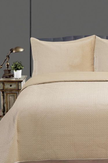 Toskana Bedspread Set, Coverlet 240x260 cm with Pillowcase, Full Size, Full Bed, Double Size, Plush Fabric Beige