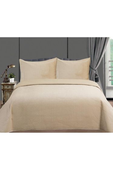 Toskana Bedspread Set, Coverlet 240x260 cm with Pillowcase, Full Size, Full Bed, Double Size, Plush Fabric Beige