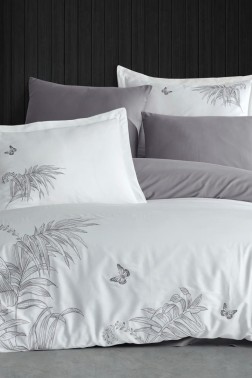 Tropical Embroidered 100% Cotton Sateen, Duvet Cover Set, Duvet Cover 200x220, Sheet 240x260, Double Size, Full Size Cream - Gray - Thumbnail