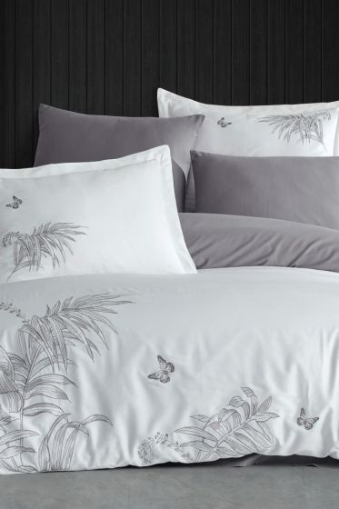 Tropical Embroidered 100% Cotton Sateen, Duvet Cover Set, Duvet Cover 200x220, Sheet 240x260, Double Size, Full Size Cream - Gray