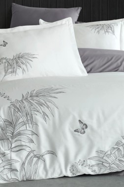 Tropical Embroidered 100% Cotton Sateen, Duvet Cover Set, Duvet Cover 200x220, Sheet 240x260, Double Size, Full Size Cream - Gray - Thumbnail