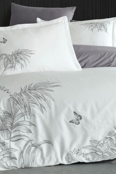 Tropical Embroidered 100% Cotton Sateen, Duvet Cover Set, Duvet Cover 200x220, Sheet 240x260, Double Size, Full Size Cream - Gray