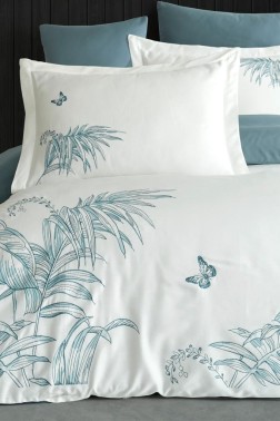 Tropical Embroidered 100% Cotton Sateen, Duvet Cover Set, Duvet Cover 200x220, Sheet 240x260, Double Size, Full Size Cream Green - Thumbnail