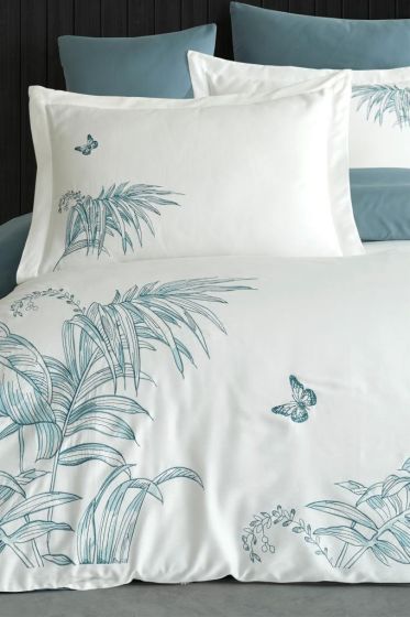 Tropical Embroidered 100% Cotton Sateen, Duvet Cover Set, Duvet Cover 200x220, Sheet 240x260, Double Size, Full Size Cream Green