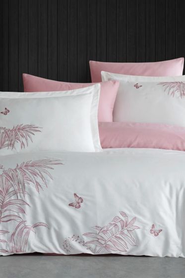 Tropical Embroidered 100% Cotton Sateen, Duvet Cover Set, Duvet Cover 200x220, Sheet 240x260, Double Size, Full Size Cream Pink