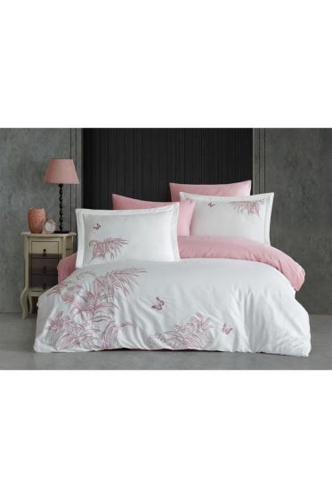 Tropical Embroidered 100% Cotton Sateen, Duvet Cover Set, Duvet Cover 200x220, Sheet 240x260, Double Size, Full Size Cream Pink