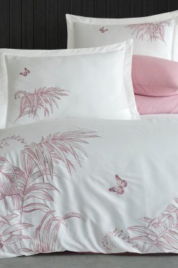 Tropical Embroidered 100% Cotton Sateen, Duvet Cover Set, Duvet Cover 200x220, Sheet 240x260, Double Size, Full Size Cream Pink - Thumbnail