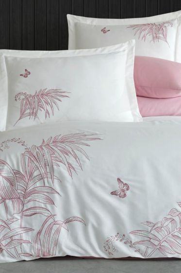 Tropical Embroidered 100% Cotton Sateen, Duvet Cover Set, Duvet Cover 200x220, Sheet 240x260, Double Size, Full Size Cream Pink