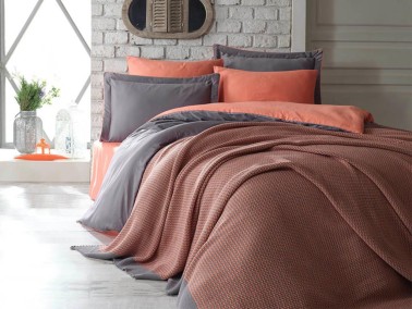Tuana Double Duvet Covered Blanket Set Orange - Thumbnail