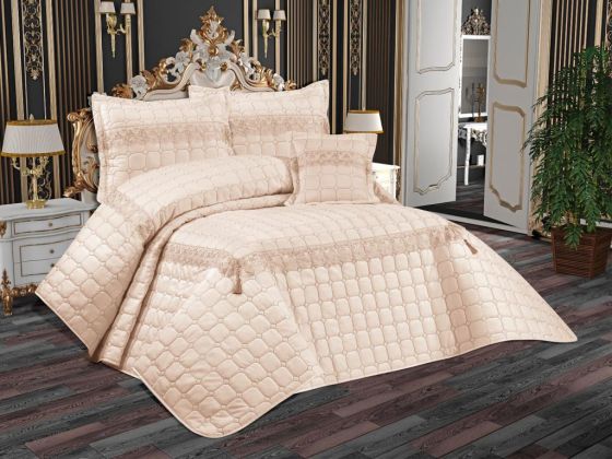 Tuba Quilted Bedspread Set, Coverlet 250x260, Pillowcase 50x70, Double Size,Beige