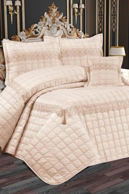 Tuba Quilted Bedspread Set, Coverlet 250x260, Pillowcase 50x70, Double Size,Beige - Thumbnail