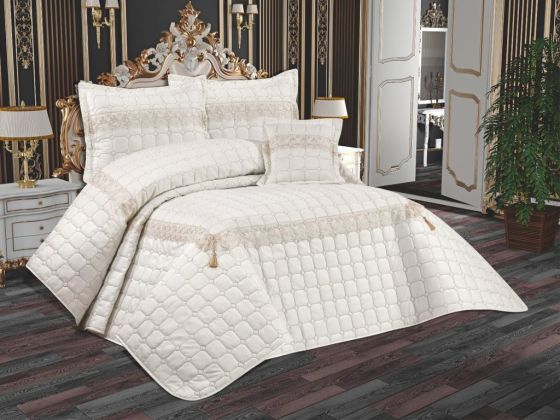 Tuba Quilted Bedspread Set, Coverlet 250x260, Pillowcase 50x70, Double Size,Cream