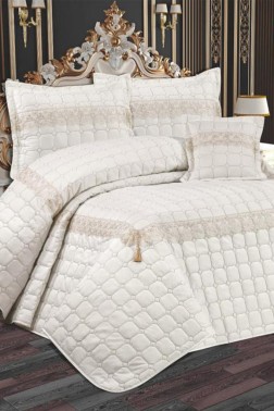 Tuba Quilted Bedspread Set, Coverlet 250x260, Pillowcase 50x70, Double Size,Cream - Thumbnail