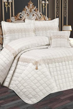 Tuba Quilted Bedspread Set, Coverlet 250x260, Pillowcase 50x70, Double Size,Cream - Thumbnail