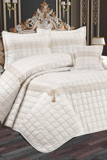 Tuba Quilted Bedspread Set, Coverlet 250x260, Pillowcase 50x70, Double Size,Cream
