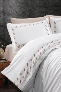 Tulip Embroidered 100% Cotton Duvet Cover Set, Duvet Cover 200x220, Sheet 240x260, Double Size, Full Size Beige - Thumbnail