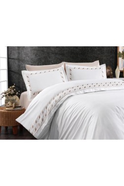 Tulip Embroidered 100% Cotton Duvet Cover Set, Duvet Cover 200x220, Sheet 240x260, Double Size, Full Size Beige - Thumbnail