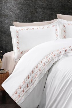 Tulip Embroidered 100% Cotton Duvet Cover Set, Duvet Cover 200x220, Sheet 240x260, Double Size, Full Size Orange - Thumbnail