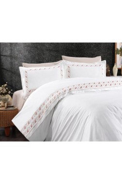 Tulip Embroidered 100% Cotton Duvet Cover Set, Duvet Cover 200x220, Sheet 240x260, Double Size, Full Size Orange - Thumbnail