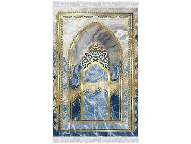 Uhud Velvet Prayer Rug Navy Blue - Thumbnail