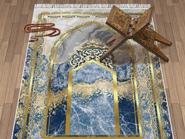 Uhud Velvet Prayer Rug Navy Blue - Thumbnail