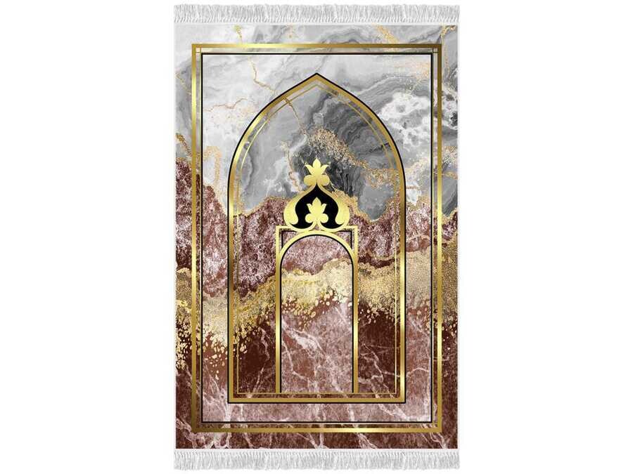 Uhud Mix Velvet Prayer Rug Brown - Thumbnail