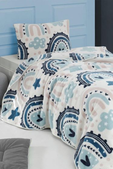 Urban Patterned Queen Size Bedspread Set 2pcs, Coverlet 155x215 with Pillowcase, %100 Polyester Fabric, Single Size Navy Blue