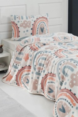 Urban Patterned Queen Size Bedspread Set 2pcs, Coverlet 155x215 with Pillowcase, %100 Polyester Fabric, Single Size Salmon - Thumbnail