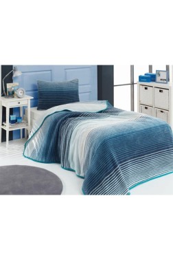 Urban Striped Queen Size Bedspread Set 2pcs, Coverlet 155x215 with Pillowcase, %100 Polyester Fabric, Single Size Navy Blue - Thumbnail