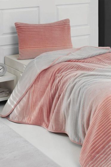 Urban Striped Queen Size Bedspread Set 2pcs, Coverlet 155x215 with Pillowcase, %100 Polyester Fabric, Single Size Salmon