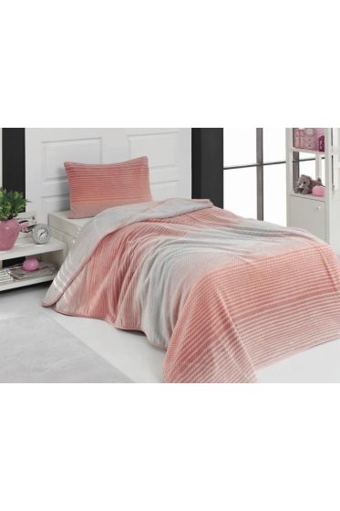 Urban Striped Queen Size Bedspread Set 2pcs, Coverlet 155x215 with Pillowcase, %100 Polyester Fabric, Single Size Salmon