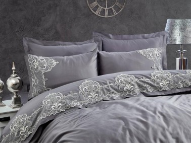 Valencia Guipure Cotton Satin Double Duvet Cover Set Antrachite - Thumbnail