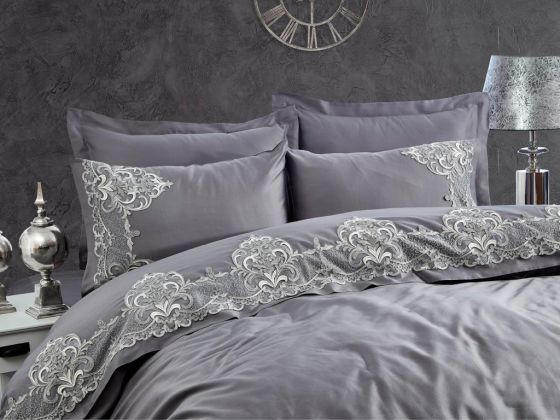 Valencia Guipure Cotton Satin Double Duvet Cover Set Antrachite