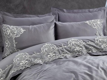 Valencia Guipure Cotton Satin Double Duvet Cover Set Antrachite - Thumbnail