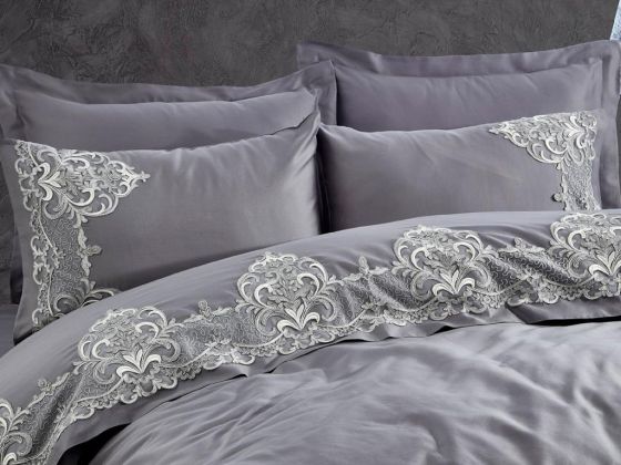 Valencia Guipure Cotton Satin Double Duvet Cover Set Antrachite